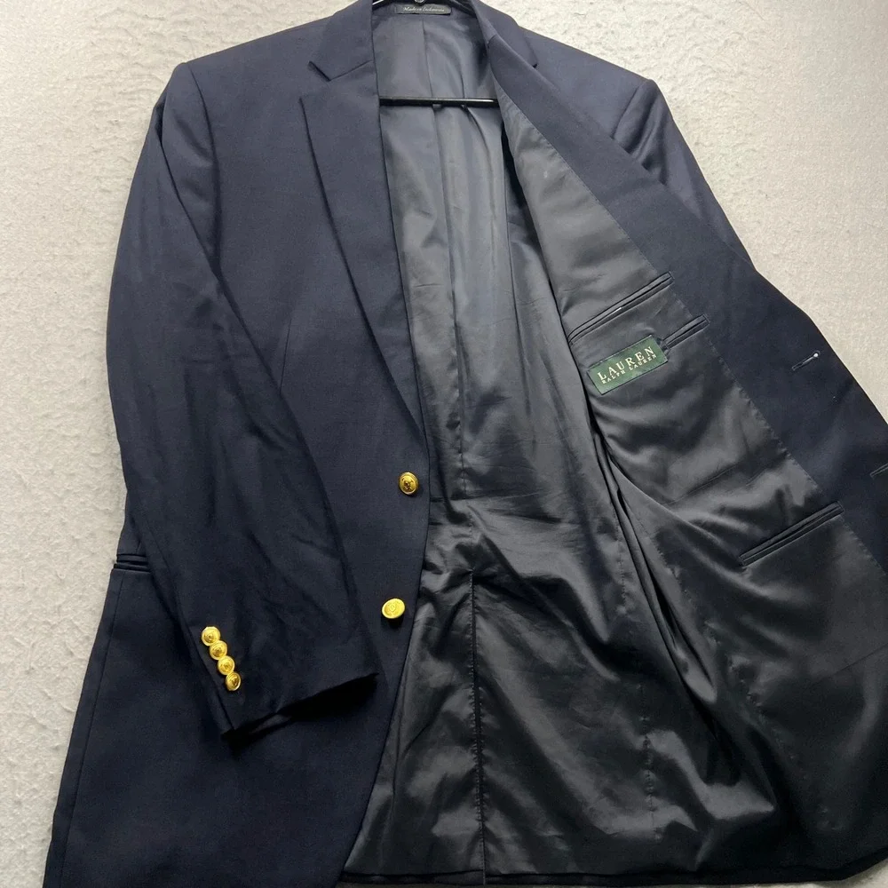 Lauren Ralph Lauren Mens Navy Blue 100% Wool Gold Button Blazer Sport Coat 40L